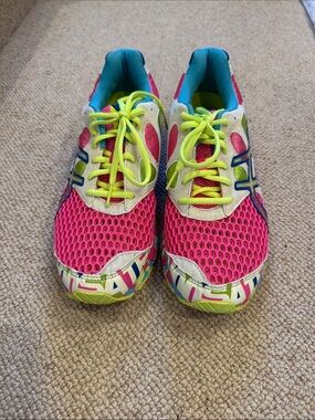 Asics Bright Pink Mesh Sneakers with Neon Yellow Laces and Teal Lining